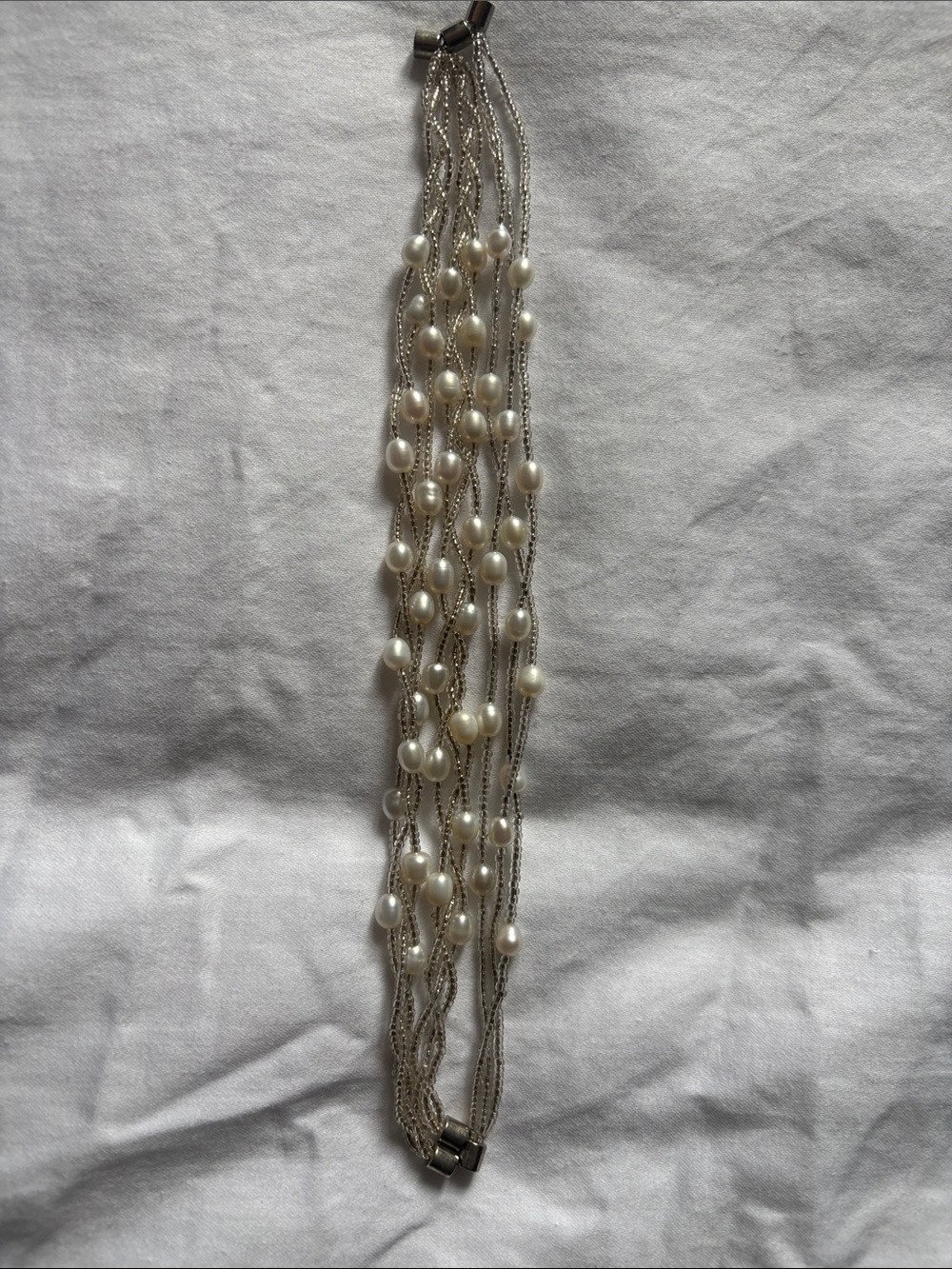 Multi-Strand Pearl and Silver Chain Necklace - White